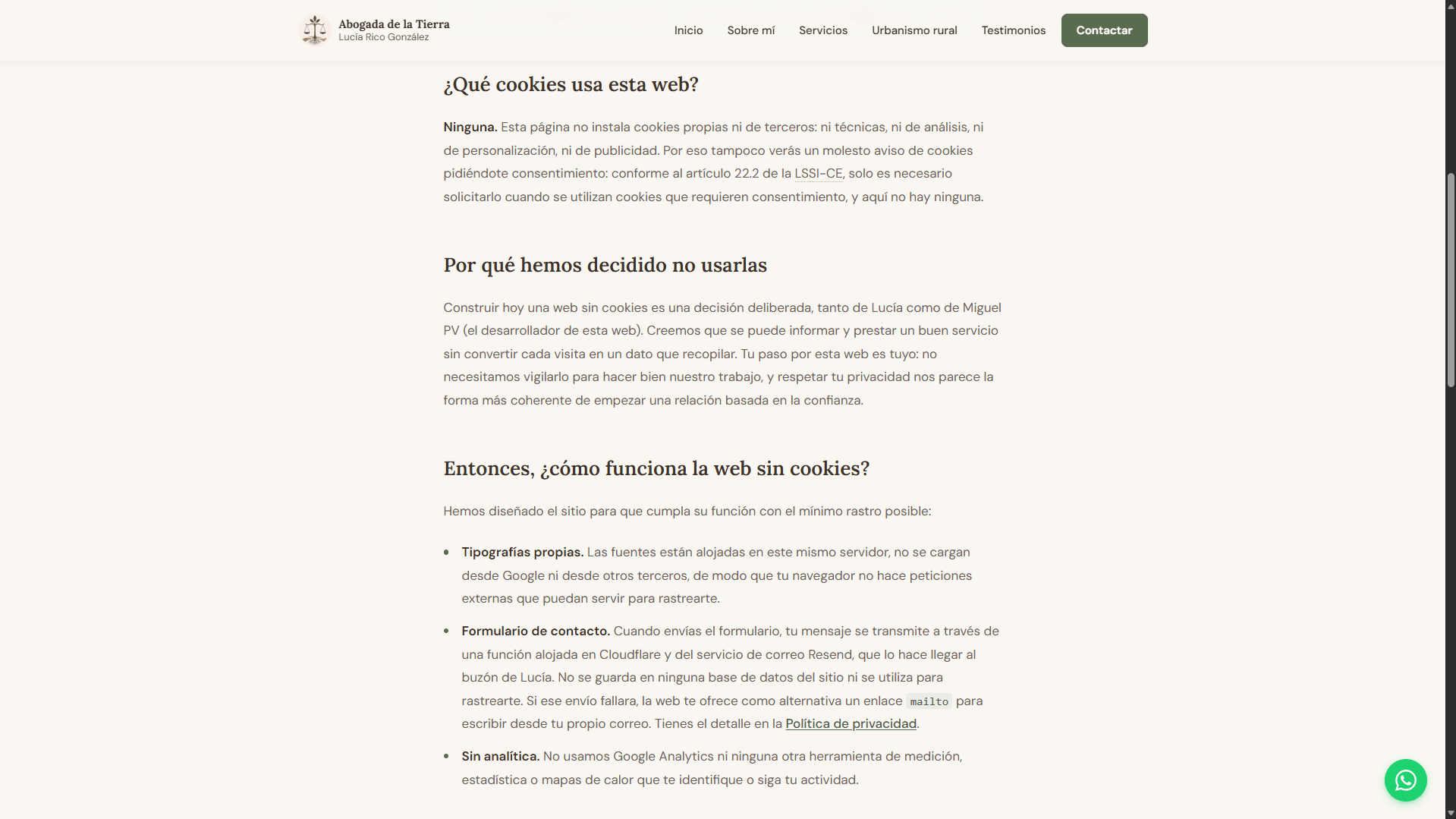 Abogada de la Tierra — cookie policy (desktop view)