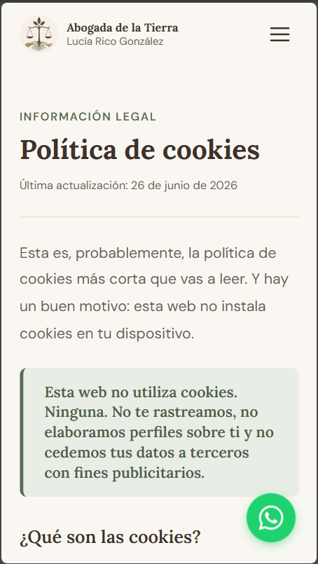 Abogada de la Tierra — cookie policy (mobile view)