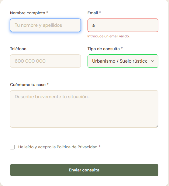 Abogada de la Tierra — contact form with validation