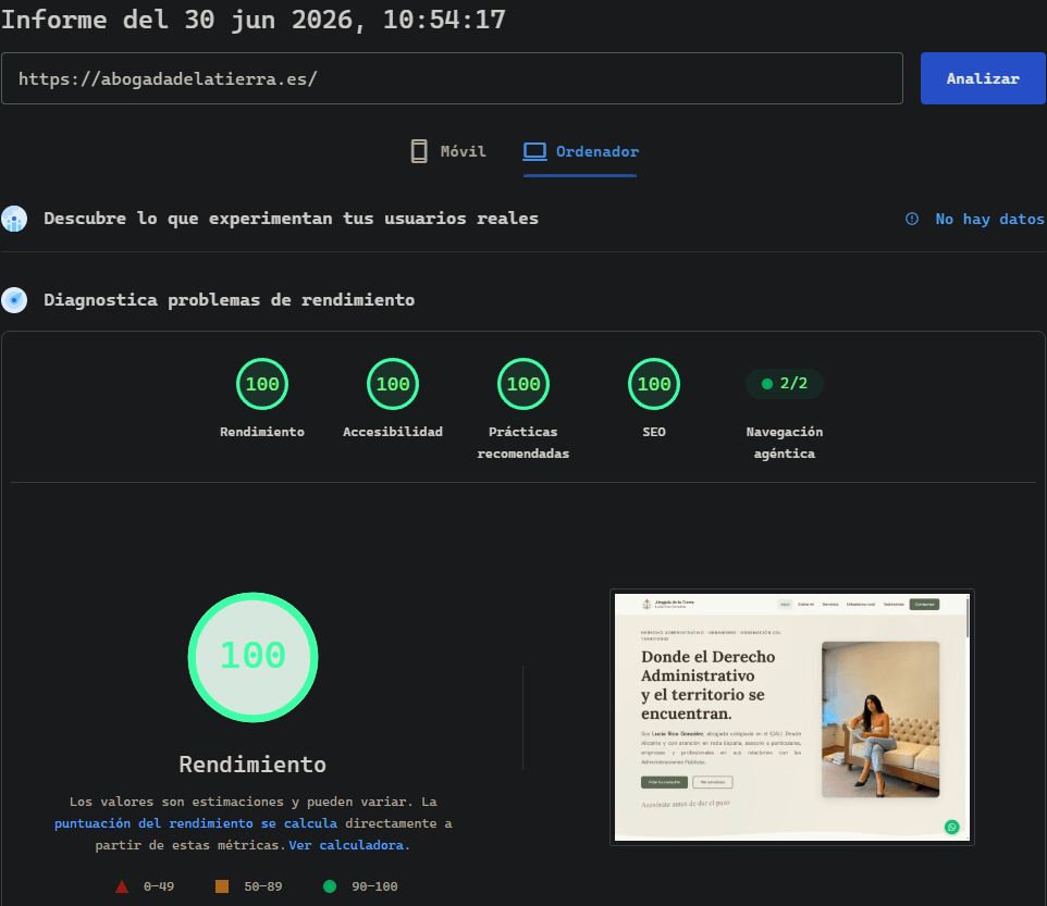 Abogada de la Tierra — 100/100 Performance, Accessibility, Best Practices and SEO on PageSpeed Insights
