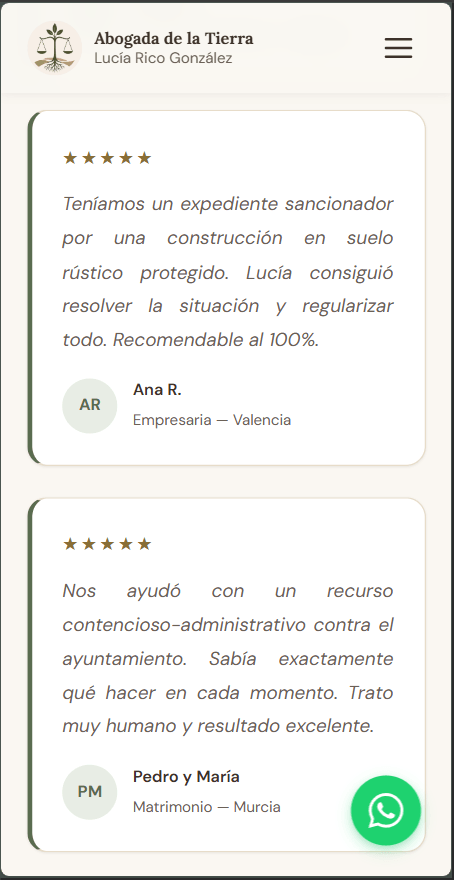 Abogada de la Tierra — client testimonials (mobile view)